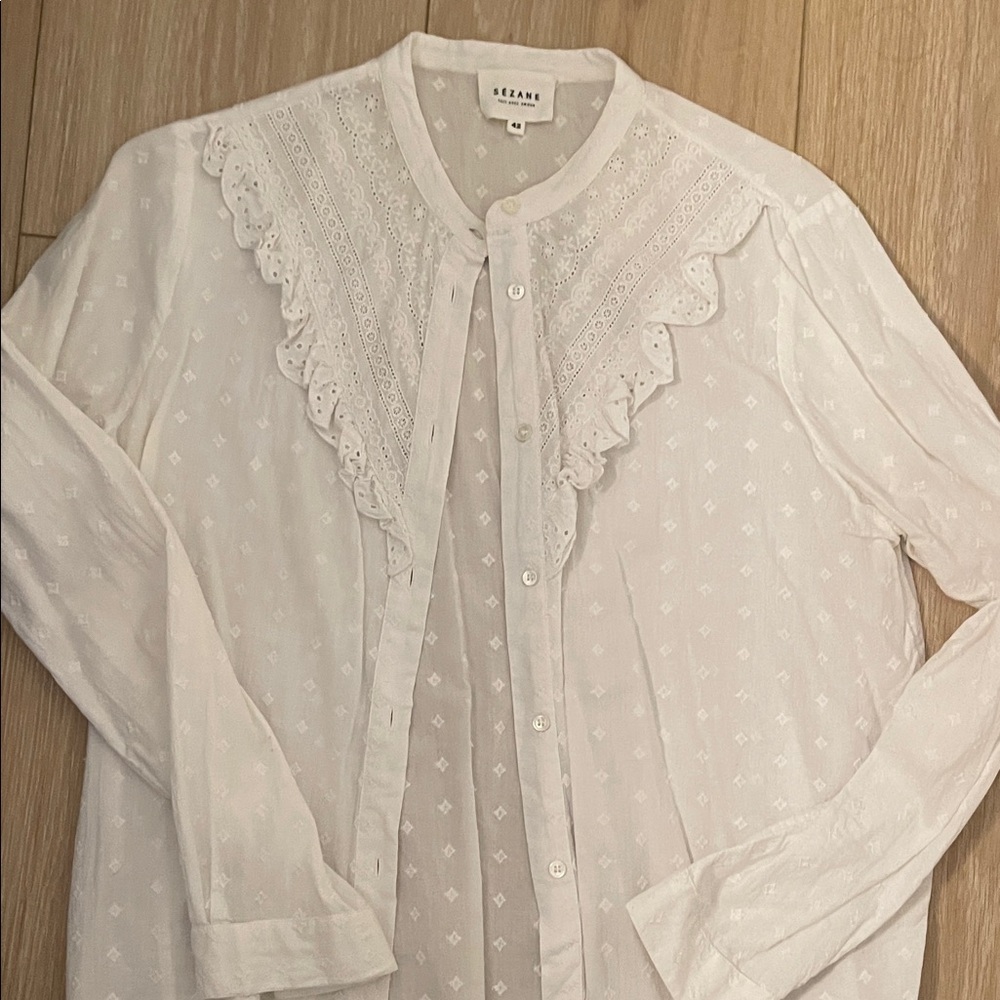 Sezane White Lace Detail Blouse